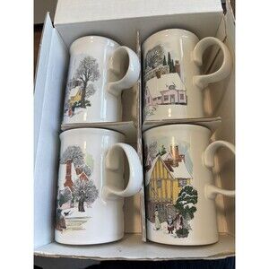 DUNOON 4 Christmas Mugs Scotland Victorian Prints w/ Box Fine White bone china